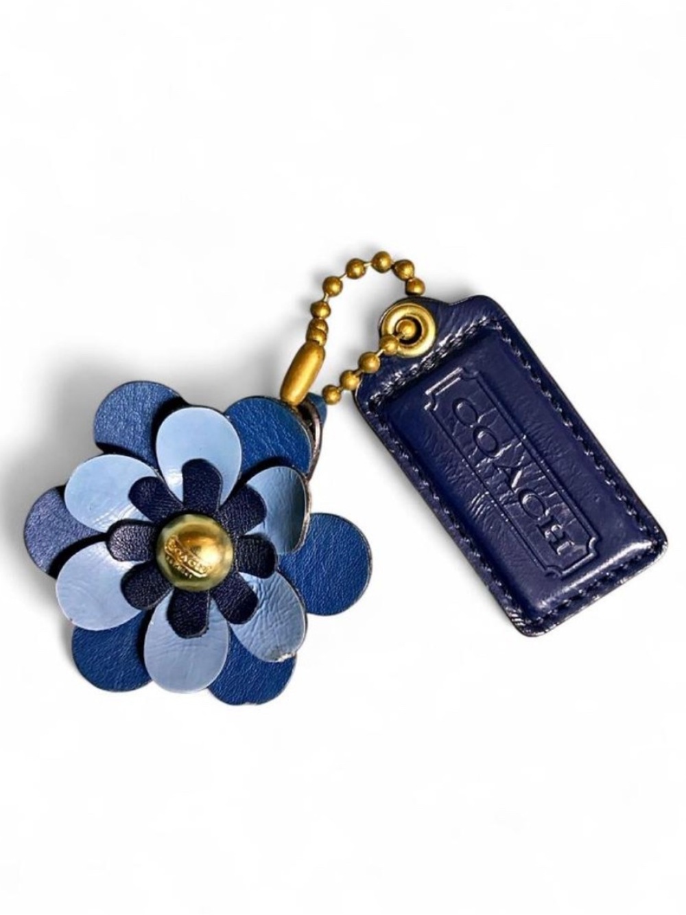 Coach Leather Tea Rose Flower Charm Keychain Blue Multi GUC